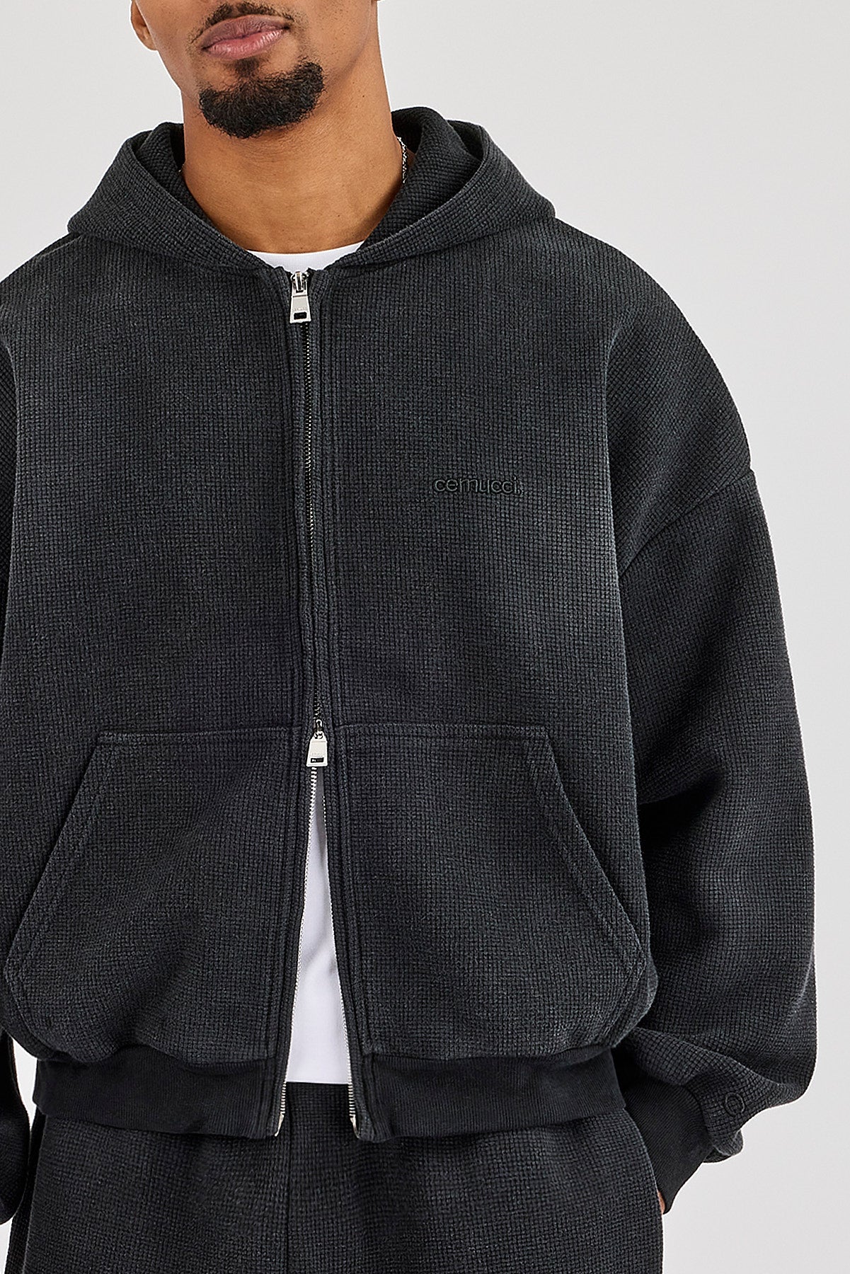 Acid Wash Waffle Boxy Zip Through Hoodie & Relaxed Jogger - Washed Black